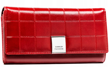 Poręczny, czerwony portfel damski w kratę ze skóry naturalnej i ekologicznej