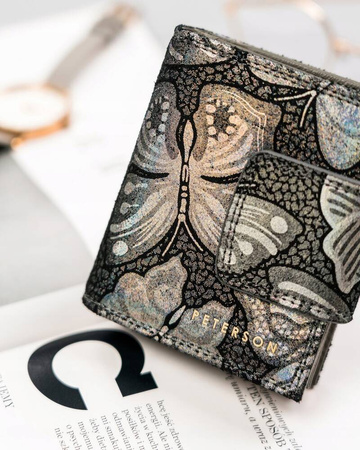 Mały, srebrny portfel damski ze skóry naturalnej, w motyle