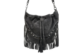 Szara Damska Torebka Worek Skóra Zamsz Frędzle Włoska boho
