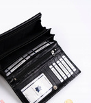 Duży pikowany skórzany portfel damski czarny. Zatrzask.