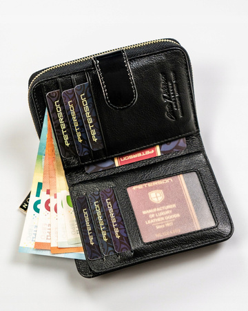 Czarny portfel damski pionowy. Skóra naturalna z ochroną RFID
