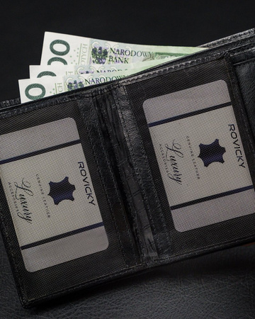 Pionowy portfel męski bez zapięcia z błyszczącej skóry naturalnej — Rovicky