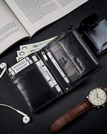 Duży, pionowy portfel męski bez zapięcia z błyszczącej skóry naturalnej — Rovicky