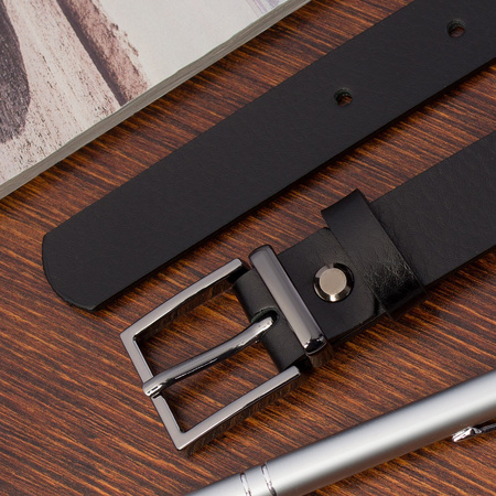 CZARNY pasek damski skórzany. Czarna klamra. 125 cm.