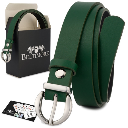 Wąski pasek damski skórzany ZIELONY. Srebrna klamra. 105 cm.