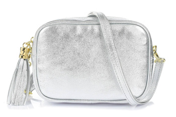 Srebrna włoska skórzana listonoszka z frędzlem