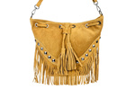Skórzana Musztardowa Zamszowa torebka worek w stylu boho z frędzlami