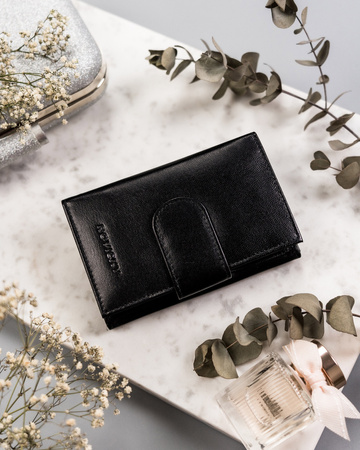 Skórzany portfel damski - 24 przegródki na karty. Czarny.