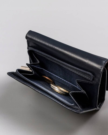 Praktyczny damski skórzany granatowy portfel. Zatrzask.