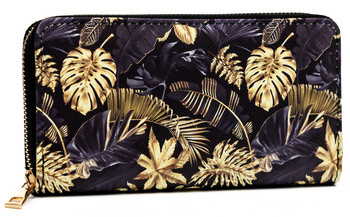 Portfel-piórnik damski ze skóry ekologicznej. Czarny w złote liście