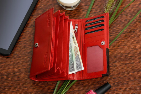 Czerwony Skórzany portfel damski duży poziomy na suwak, z ochroną RFiD