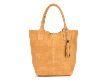 Skórzana Duża Torebka Damska Ze Skóry Zamszowej Camelowa