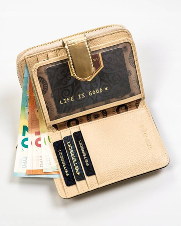 Złoty portfel damski pionowy. Skóra naturalna z ochroną RFID