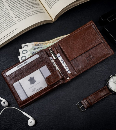 Klasyczny portfel męski poziomy z naturalnej skóry z technologią RFID— Rovicky