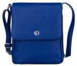 Niebieska mała skórzana torebka listonoszka. Klapka.