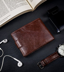 Klasyczny, zapinany portfel męski poziomy z naturalnej skóry z technologią RFID - Rovicky