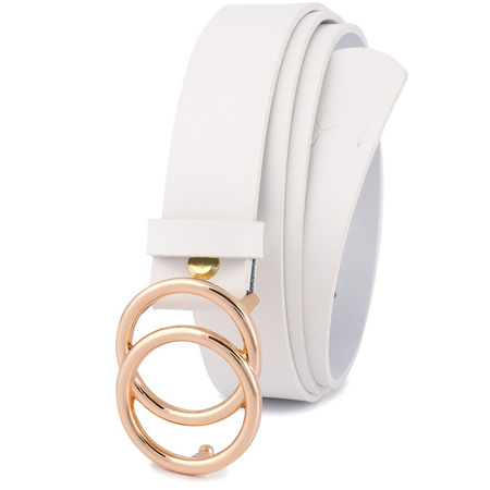 Biały pasek damski skórzany ze złotą klamrą okrągłą