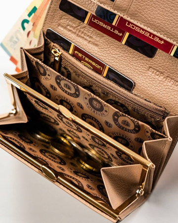 Czarny portfel ze złotymi wstawkami. Lakierowana Skóra RFID