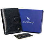 Praktyczny, pionowy portfel męski z zapinką z błyszczącej skóry naturalnej — Rovicky