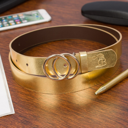 Złoty pasek damski skórzany z okrągłą klamrą złotą