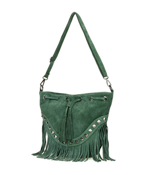Skórzana Zamszowa torebka worek w stylu boho z frędzlami Zielona