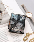 Mały, srebrny portfel damski ze skóry naturalnej, w motyle