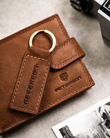 Zestaw prezentowy męski: skórzany portfel i brelok - jasny brąz