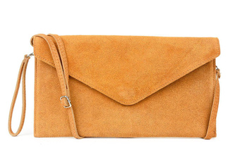 Elegancka camelowa kopertówka ze skóry zamszowej