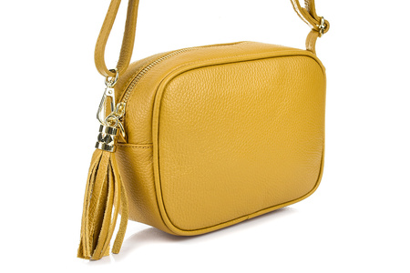 Mała żółta torebka skórzana listonoszka z frędzlem
