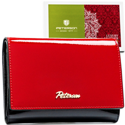 Czerwony portfel skórzany z portmonetką i okienkiem. RFID