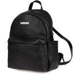 Elegancki, mały czarny skórzany plecak damski. Suwak. A5.