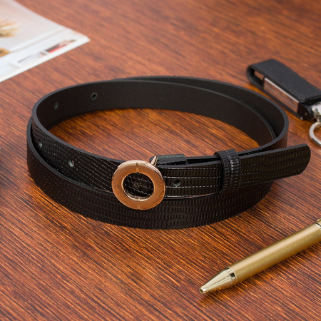 Wąski pasek damski skórzany ze złotą klamrą okrągłą CZARNY