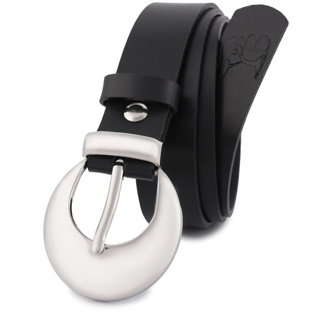 Skórzany pasek damski CZARNY. Srebrna klamra. 115 cm.