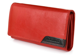 Czerwony Skórzany portfel damski duży poziomy na suwak, z ochroną RFiD