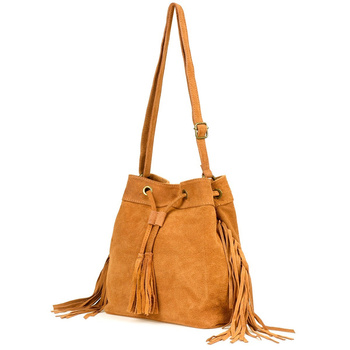 Camelowa torebka damska z zamszu z troczkami - worek