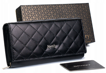 Duży pikowany skórzany portfel damski czarny. Zatrzask.