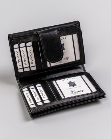 Skórzany portfel damski - 24 przegródki na karty. Czarny.