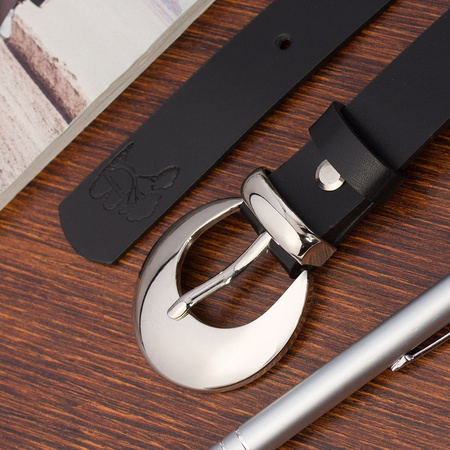 Skórzany pasek damski CZARNY. Srebrna klamra. 115 cm.