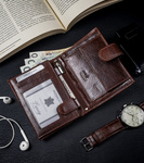 Klasyczny, zapinany portfel męski pionowy z naturalnej skóry z technologią RFID - Rovicky