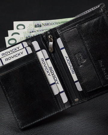 Duży, pionowy portfel męski bez zapięcia z błyszczącej skóry naturalnej — Rovicky