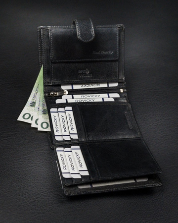Rozbudowany, pionowy portfel męski z zapinką ze skóry naturalnej — Rovicky