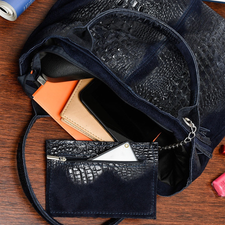 Granatowa torebka skórzana duża croco - worek
