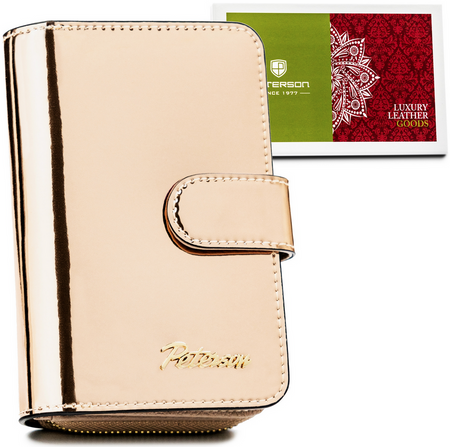 Złoty portfel damski lakierowany. Skóra naturalna z ochroną RFID