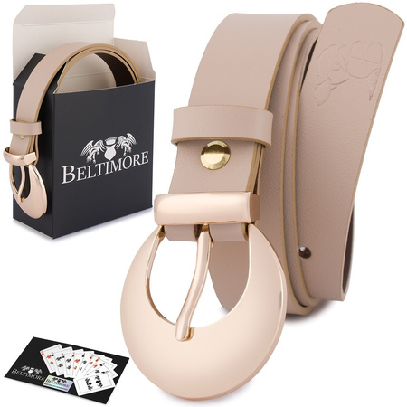 Beżowy pasek damski skórzany. Złota klamra. 110 cm.