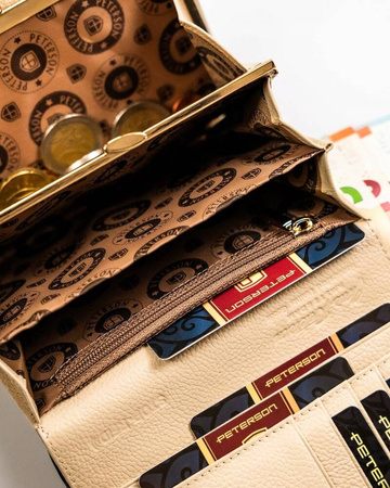 Beżowy portfel skórzany z portmonetką i okienkiem. RFID