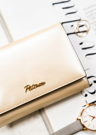 Beżowy portfel skórzany z portmonetką i okienkiem. RFID