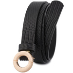 Wąski pasek damski skórzany ze złotą klamrą okrągłą CZARNY