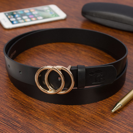 Czarny pasek damski skórzany ze złotą okrągłą klamrą
