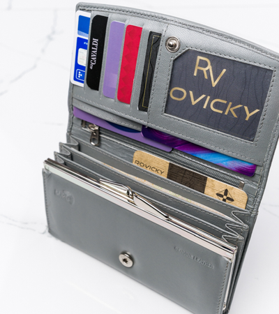 Lekki SZARY portfel damski ze skóry koziej RFID