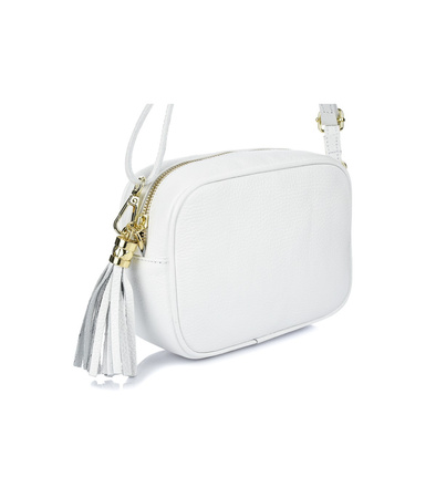 Biała włoska torebka skórzana listonoszka frędzle